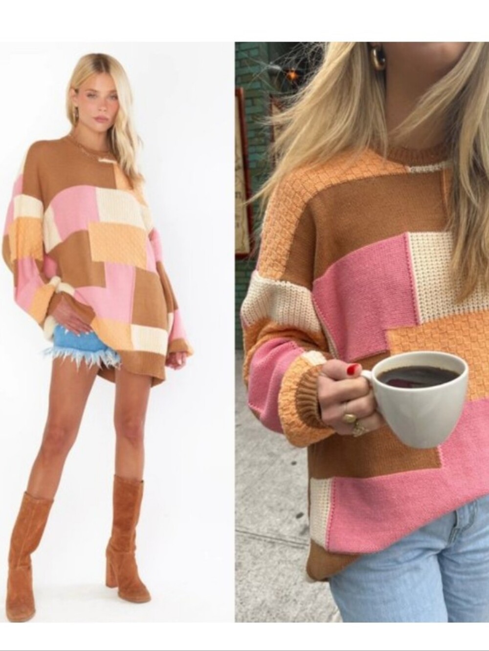Show Me Your MuMu Patchwork Crewneck Sweater in Pink, Brown & Cream
